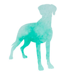  white background, green watercolor silhouette of a dog standing