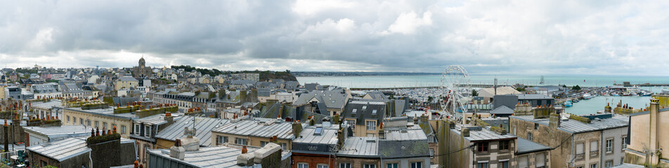 Fototapeta premium panorama citycscape view Granville with the harbor and port and ferris wheel