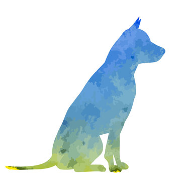 white background, blue watercolor dog silhouette