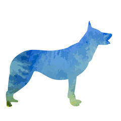 white background, blue watercolor dog silhouette