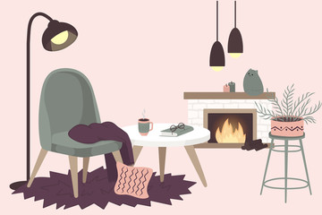 Scandinavian interior design. Cozy trendy room decoration concept. Vector illustration flat isolated 