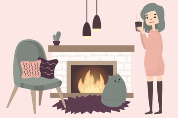 Cute girl with cat drink hot Scandinavian interior design. Cozy trendy room decoration concept. Vector illustration flat isolated 