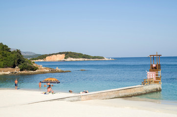 Fototapeta na wymiar Beach on village Ksamil and Islands of Ksamil part of Albanian Riviera