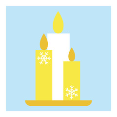 Vector candle fire illustration. Isolated illustration blue background. Winter festive decoration. Flat graphic design. Color background. Season winter. Candle flame. Simple flat symbol