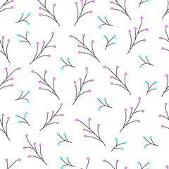 Branches seamless pattern. Branches with blue and pink berries.