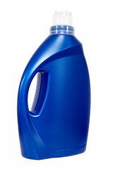 Blue empty detergent bottle on white background. 