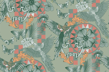 Seamless pattern of parrots and flowers. Suitable for fabric, wrapping paper and the like. Vector illustration