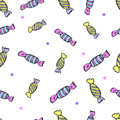 Colorful sweets in a wrapper on a white background. Seamless pattern. Vector image. For wallpaper, fabric, cover, web, paper.