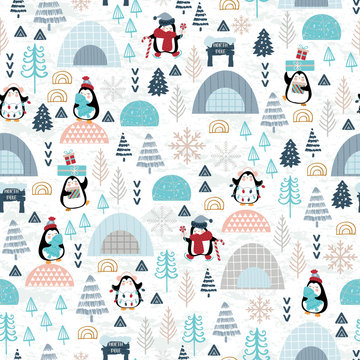 Christmas seamless pattern with cute penguins celebrating christmas in north pole village. Surface design for textile, fabric, wallpaper, wrapping, giftwrap, paper, scrapbook and packaging.