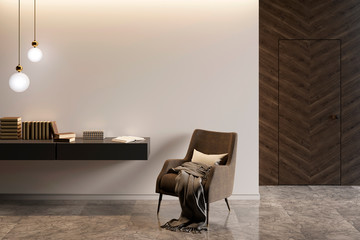 Modern interior with an armchair and a stand with decor, marble flooring and a dark wooden door. 3d illustration