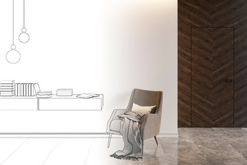 Sketch of modern interior with an armchair and a stand with decor, tiled flooring, and a door became a real interior. 3d illustration
