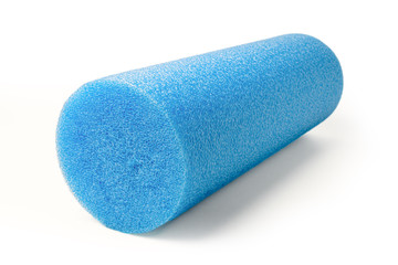 Blue foam roller on a white background.