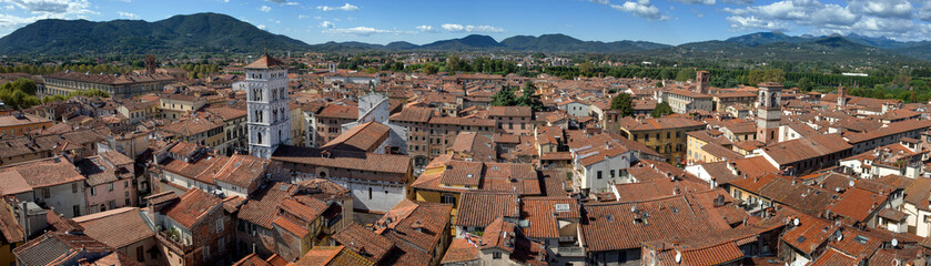 Fototapeta na wymiar Panorama Lucca Tuscany Italy. View from the Torre delle Ore, Clocktower . Panoramic view