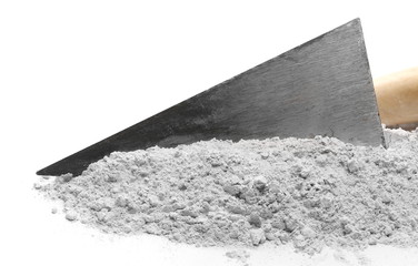 Plaster cast with metal trowel tool isolated on white background, gypsum