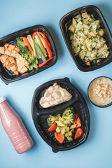  Diet meals for vegans. Set of food for delivery on a bright background.