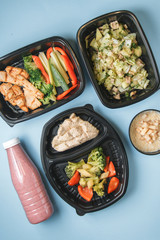  Diet meals for vegans. Set of food for delivery on a bright background.