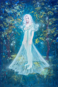 Mysterious attractive young fairy girl with blond hair in a long white dress in the blue fantasy forest