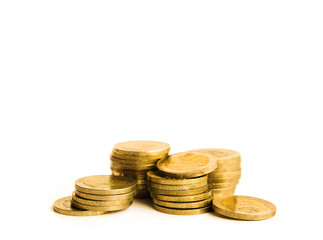 Business chart is made from golden coins isolated on white background