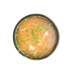 Delivery of porridge and soup in a container. A bowl of soup on a white background.