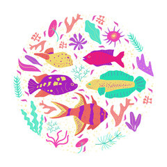 Set of colorful various wildlife fishes and algaes in circle on white background. Collection of marine elements in hand drawn undersea world. Sea background. Aquarium. Vector illustration