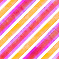 Watercolor colorful orange pink red diagonal stripes on white background. Striped seamless pattern