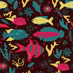 Colorful endless texture with hand drawn undersea world. Wildlife seamless surface pattern with various fishes and algae on black background. Sea background. Aquarium. illustration