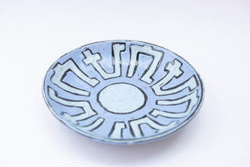 Abstract geometric style blue wall plate - ceramic bowl  wall decoration - midcentury communist mass product