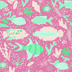 Obraz premium Vector fish seamless pattern on red background. Underwater world in flat style. Sea texture. Abstact illustration