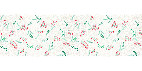 Colorful Doodle Christmas Foliage, Red Berries, Gold Swirls on White Background Vector Seamless Border. Winter Holiday