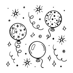 Festive Invitation Vector Set. Hand Drawn Doodle Birthday Party Elements: Balloons, Confetti Pieces, Serpentine, Stars. Black and White Happy Birthday Greeting Card Template