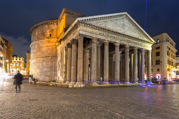 Architecture of the Pantheon temple at night in Rome, Italy