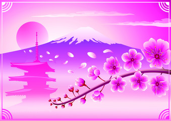 Fototapeta na wymiar Pink vector background image, asia japan, mount and sakura.