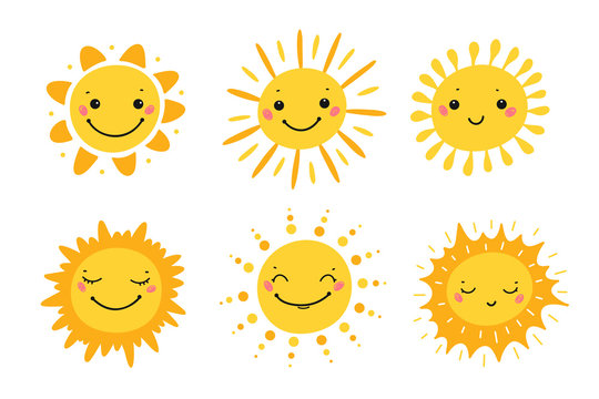 Cute Sun Icon Vector Set. Hand Drawn Doodle Different Funny Suns 