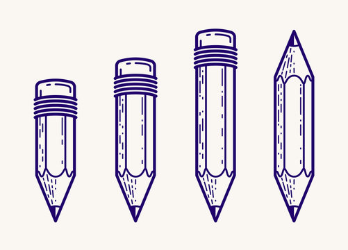 Pencils set vector simple trendy logos or icons for designer or studio, creative design, education, science knowledge and research, linear style.