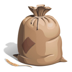 A full canvas bag with flour or grain, tied with a rope at the top, with a patch on its side. Nearby lies a wheat spikelet. Vector illustration with shadow on a white background.