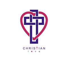 Obraz premium Christian Love and True Belief in God vector creative symbol design, combined with Christian Cross and heart, vector logo or sign.