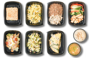 Diet meals for vegans. Food delivery set on white background.