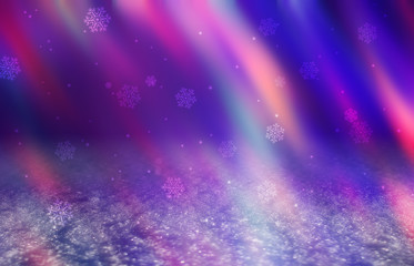 Winter abstract, blurred background with bokeh. Blurry night city lights in reflection on a snowy road. Neon light, falling snow, snowflakes.