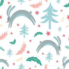 Seamless pattern rabbit bunny forest elements hand drawn coniferous branch Christmas texture