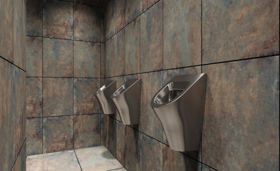 Stainless steel urinals in a public toilet. Walls made of rusty tiles.. 3D rendering