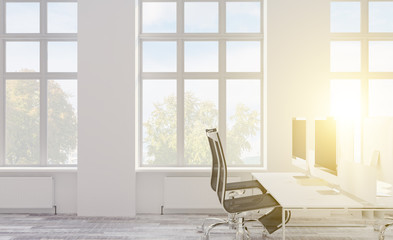 3D rendering, working space. light furniture. large monitors. open space. modern office. Sunset