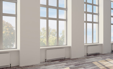 3D rendering, empty office space. open space. walls in bright colors. large panoramic windows.