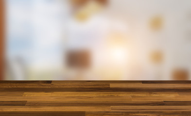 Empty interior with large window. Retro light bulb. The floor is of brown parquet.  3D rendering. wooden table. blurred background