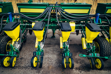 Agriculture machinery. Working parts of modern pneumatic agricultural seeder