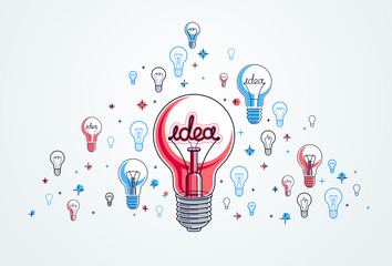 Shining light bulb and set of lightbulb icons, ideas creative concept, brainstorm allegory, vector illustration.