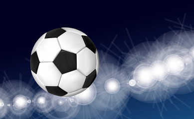 Soccer ball flying over the evening sky in the light of spotlights and flashes of a football stadium. Vector illustration