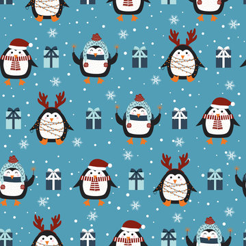 Christmas seamless pattern with penguin background, Winter pattern, wrapping paper, pattern fills, winter greetings, web page background, Christmas and New Year greeting cards
