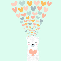 Vector Cute Bear Love. Doodle Cartoon Scandinavian Bear with hearts. Scandinavian Nursery Print or Poster Design for St.Valentine, Greeting Card, dishes and clothes.