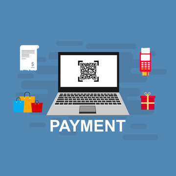 payment, Security code, Payment sync, e-commerce, Global market website with laptop. Minimal vector infographic