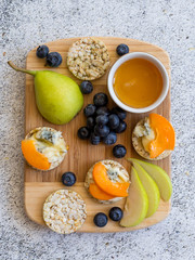 Pear and apricot healthy snacks, overhead shot